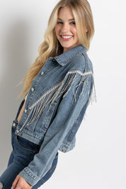 Women's Loose Fit Crop Denim Jacket with Rhinestone Fringe