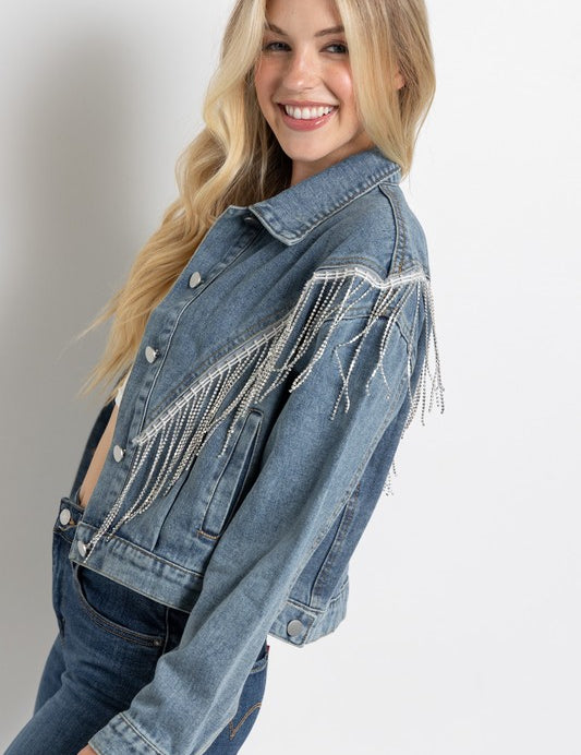 Women's Loose Fit Crop Denim Jacket with Rhinestone Fringe