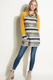 Women's Casual Multi Stripe Turtle Neck Tunic Top