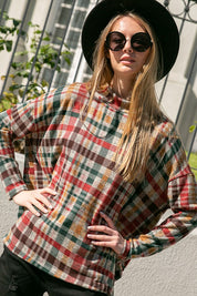 Women's Oversized Plaid Mock Neck Top with Side Buttons