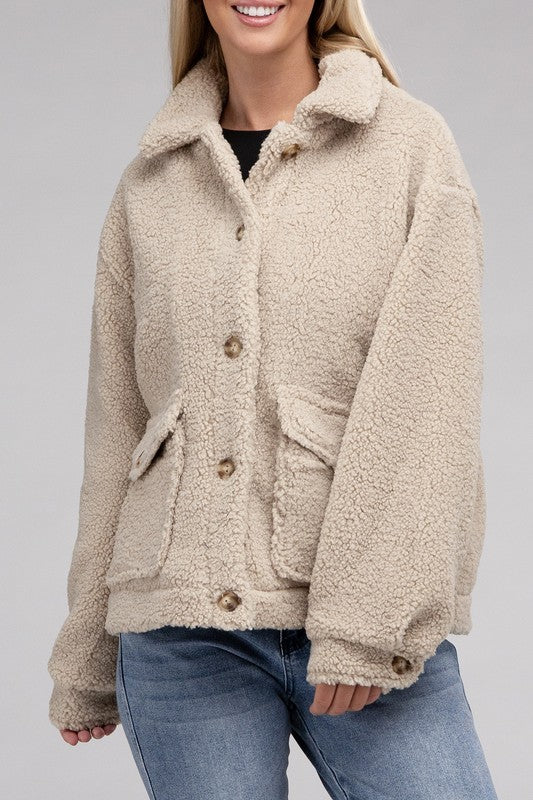 Women's Relaxed Fit Cozy Sherpa Button-Front Jacket