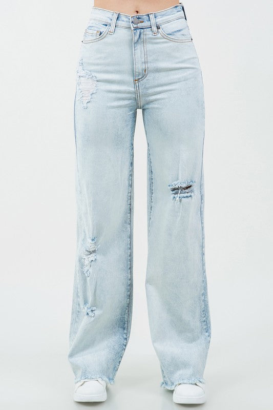 Women's High Rise Stone Wash Wide Leg Jeans