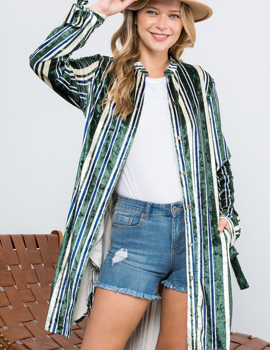 Women's Casual Stripe Velvet Long Cardigan