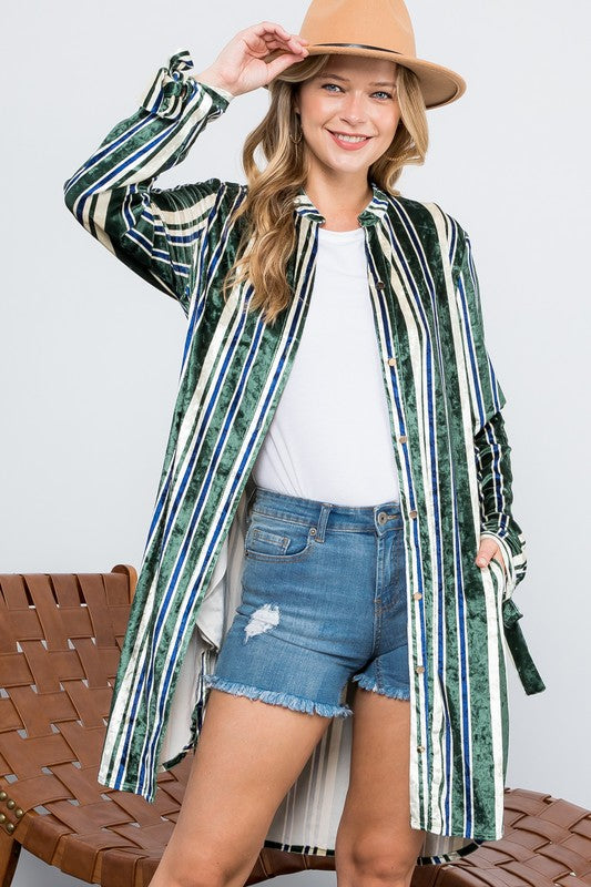 Women's Casual Stripe Velvet Long Cardigan