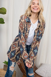 Women's Plus Oversized Fuzzy Aztec Button Down Shacket