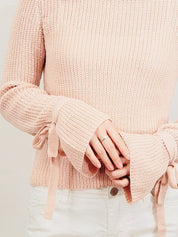 Women's Bow Tied Bell Sleeve Waffle Knit Sweater