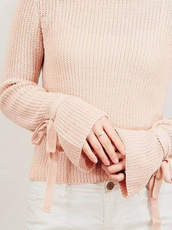 Women's Bow Tied Bell Sleeve Waffle Knit Sweater