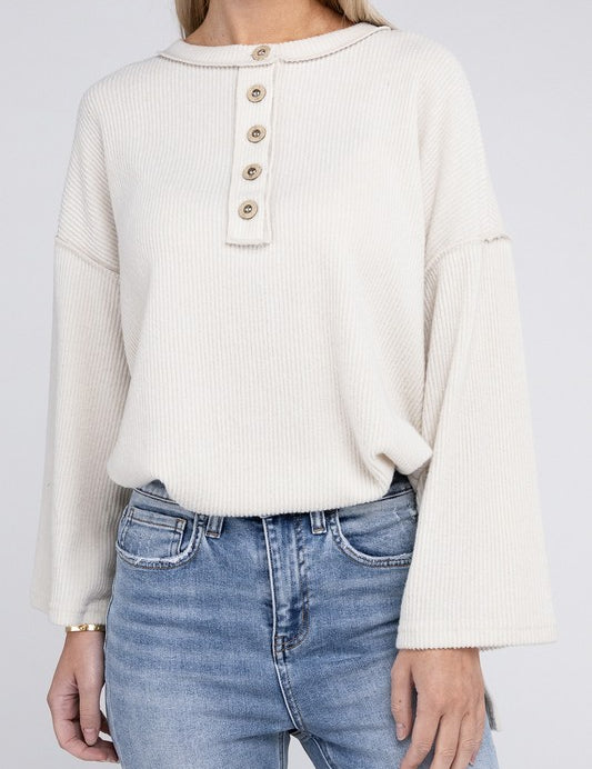 Ribbed Brushed Melange Hacci Henley Sweater