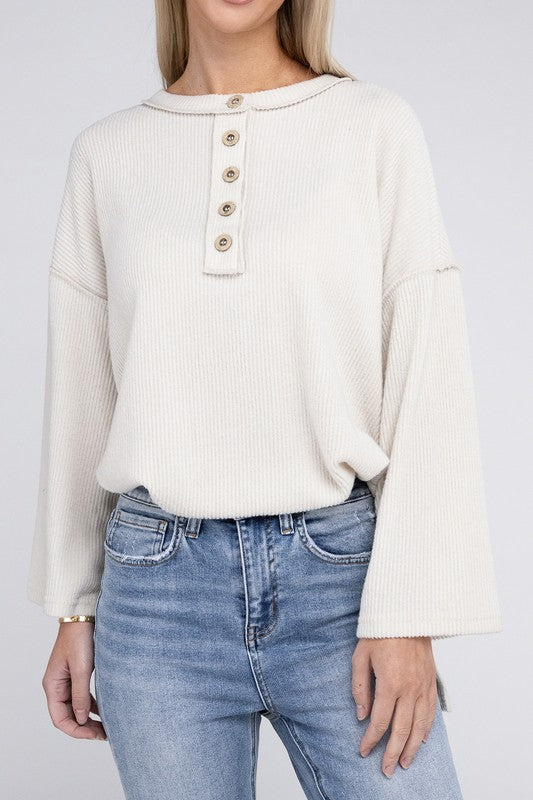 Women's Casual Ribbed Henley Sweater with Bell Sleeves