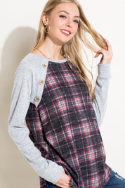 Women's Casual Plaid Mixed Button Detail Long Sleeve Top