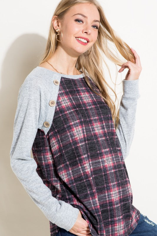 Women's Casual Plaid Mixed Button Detail Long Sleeve Top