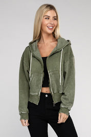 Women's Relaxed Fit Acid Wash Fleece Cropped Zip-Up Hoodie