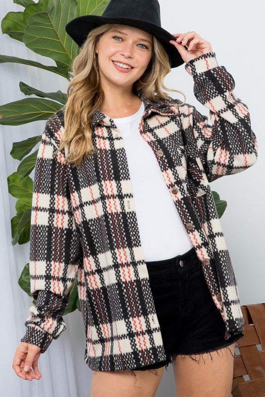 Women's Oversized Fuzzy Plaid Flannel Button Down Shacket