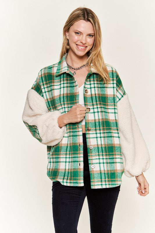 Women's Multi Plaid Teddy Sleeve Jacket