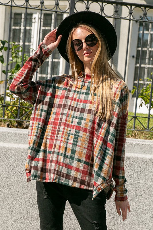 Women's Oversized Plaid Mock Neck Top with Side Buttons