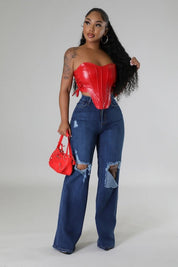 Women's High Rise Wide Leg Jeans in Dark Denim