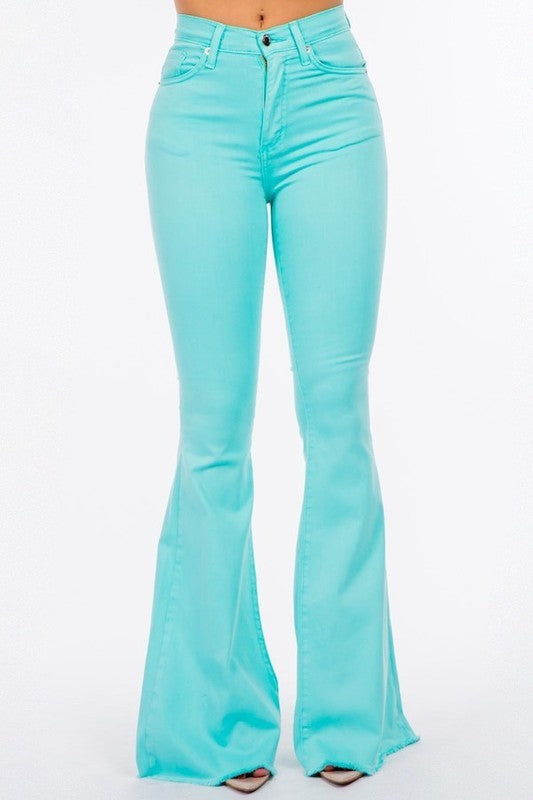 Women's High Rise Turquoise Bell Bottom Jeans