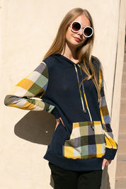 Women's Casual Loose Fit Plaid Mixed Hoodie Sweatshirt