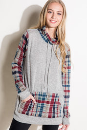 Women's Casual Plaid Mixed Turtle Neck Sweatshirt