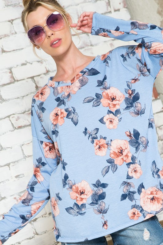 Women's Oversized Floral V Neck Pullover Top