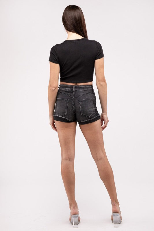 Women's Fitted Washed Black Cuffed Denim Shorts