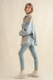 Women's Oversized Tweed Denim Shacket with Fringed Hem