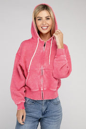 Women's Relaxed Fit Acid Wash Fleece Cropped Zip-Up Hoodie