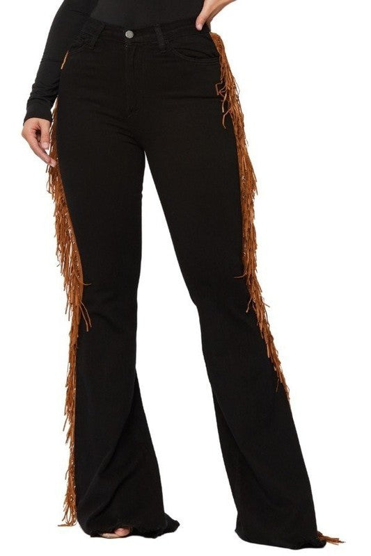 Women's High Rise Fringe Bell Bottom Jeans