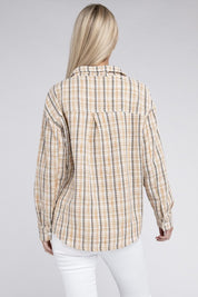 Women's Plaid Tweed Shacket with Drop Shoulder Sleeves