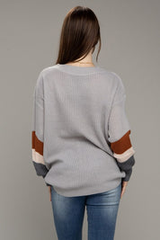 Women's Color Block V-Neck Dropped Shoulder Sweater