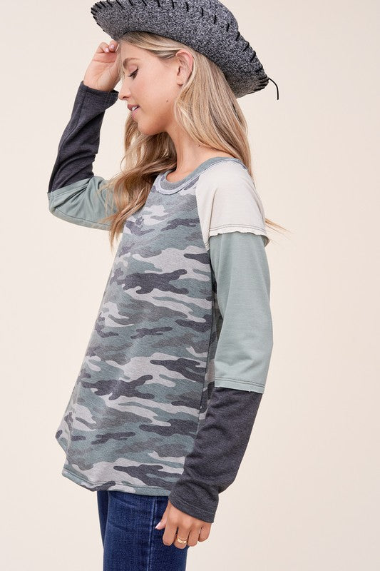 Women's Camouflage Color Block Long Sleeve Top