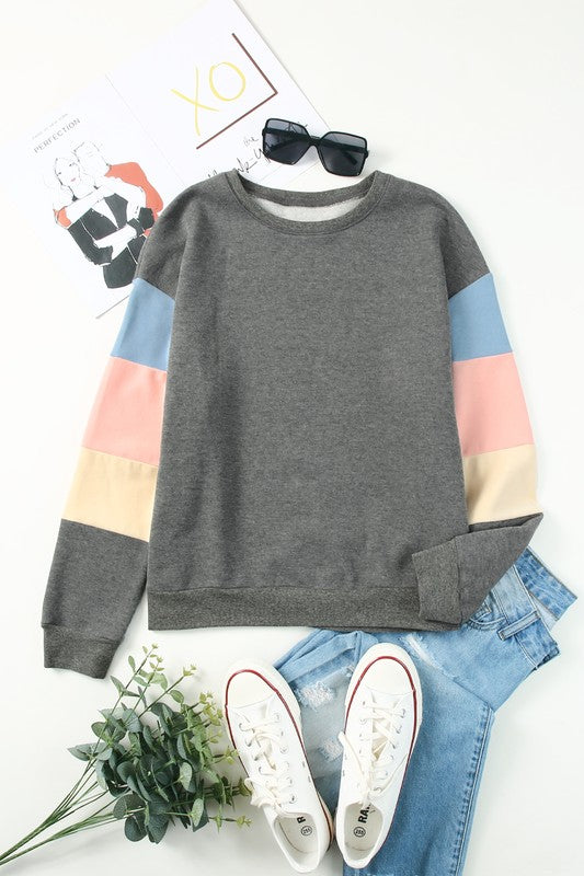 Women's Gray Colorblock Long Sleeve Pullover Sweatshirt