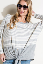 Women's Loose Fit Stripe and Solid Long Sleeve Top