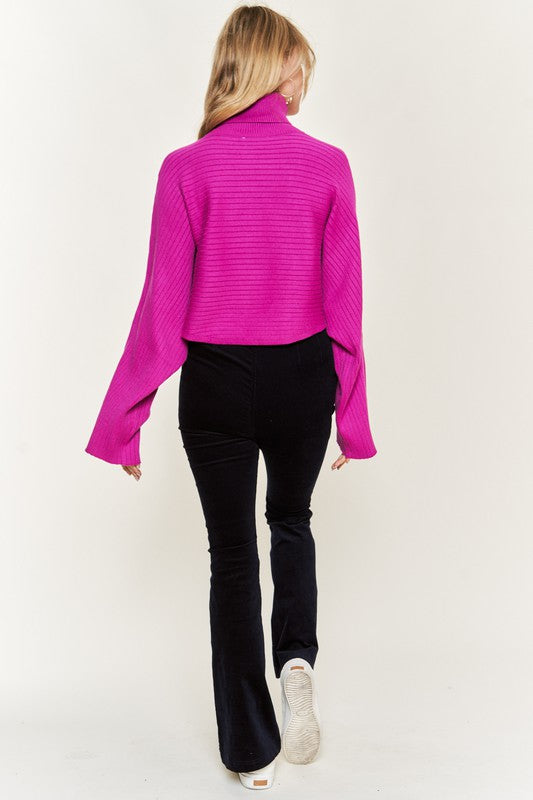 Women's Mock Neck Ribbed Sweater with Wide Sleeves