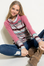 Women's Casual Multi Stripe Turtle Neck Tunic Top