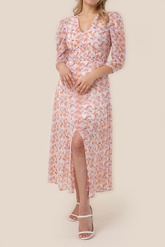 Women's Floral Print V Neck Chiffon Maxi Dress