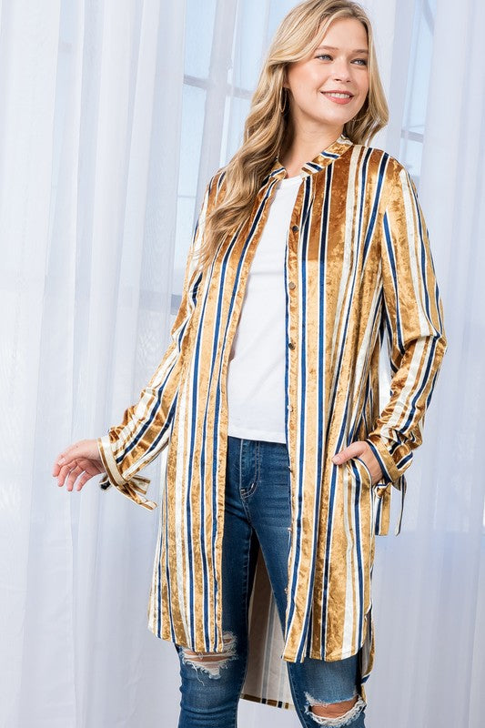 Women's Casual Stripe Velvet Long Cardigan