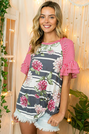 Women's Floral Stripe Ruffle Sleeve Top