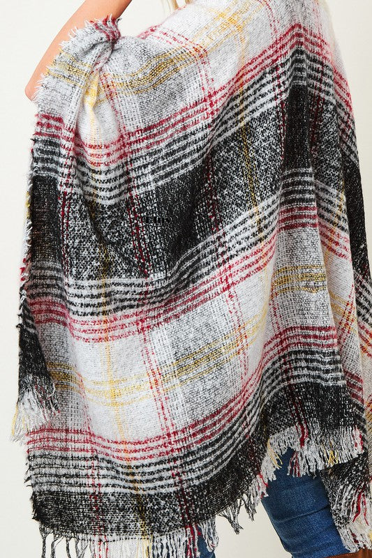 Women's Casual Multi Color Plaid Fringe Trim Poncho Shawl