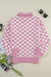 Checkered Buttons V Neck Drop Shoulder Sweater