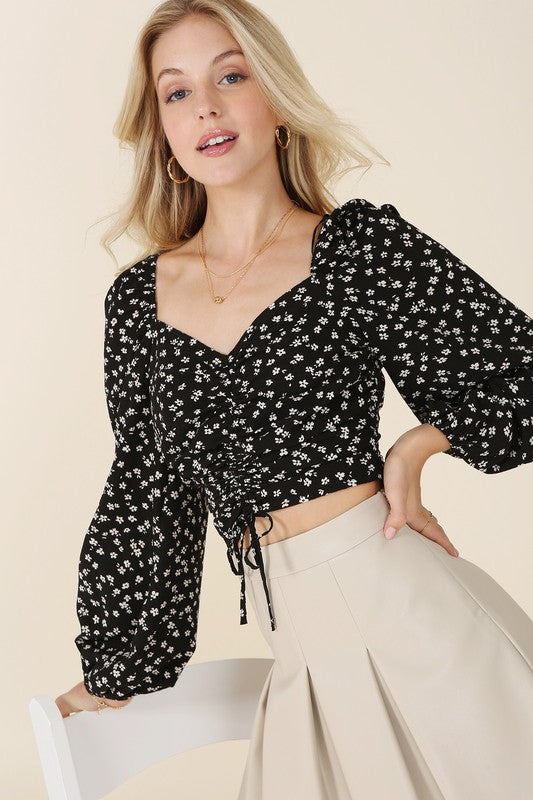 Women's Ruched Floral Print Puff Sleeve Crop Top