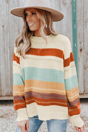 Women's Color Block Striped Sweater with Drop-Shoulder Design