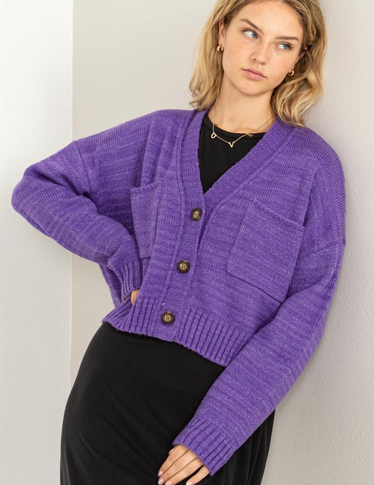 Women's Cropped V-Neck Cardigan Sweater with Button Closure