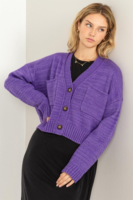 Women's Cropped V-Neck Cardigan Sweater with Button Closure