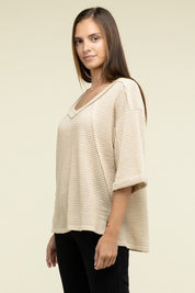 Brushed Waffle Exposed-Seam 3/4 Sleeve Top