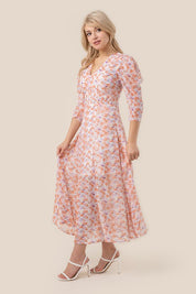 Women's Floral Print V Neck Chiffon Maxi Dress