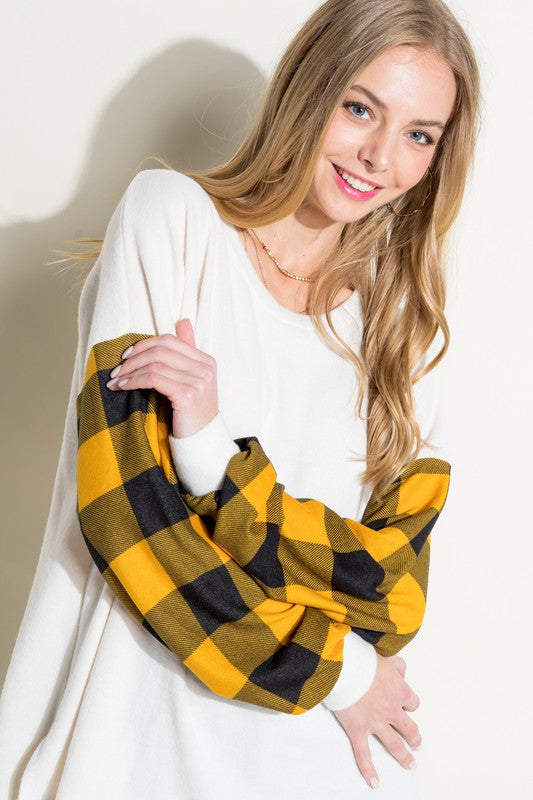 Women's Casual Long Sleeve Solid and Plaid Mixed Top