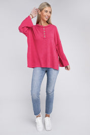 Women's Casual Ribbed Henley Sweater with Bell Sleeves