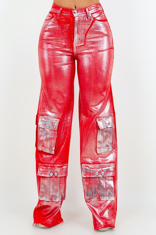 Women's High Rise Cargo Wide Leg Jeans in Foil Red