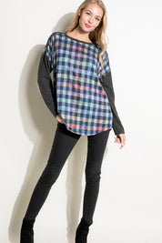 Women's Loose Fit Plaid Mixed Long Sleeve Top